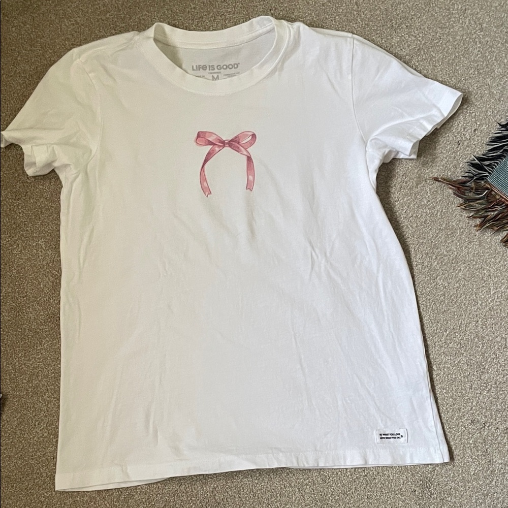 Life Is Good White Tee with Pink Bow Graphic